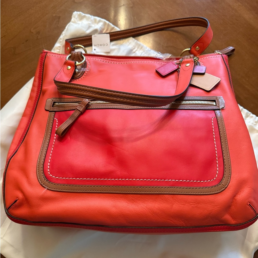 Coach large Shoulder leather Tote Handbag #22430 Vermillion Sun Orange Poppy NWT